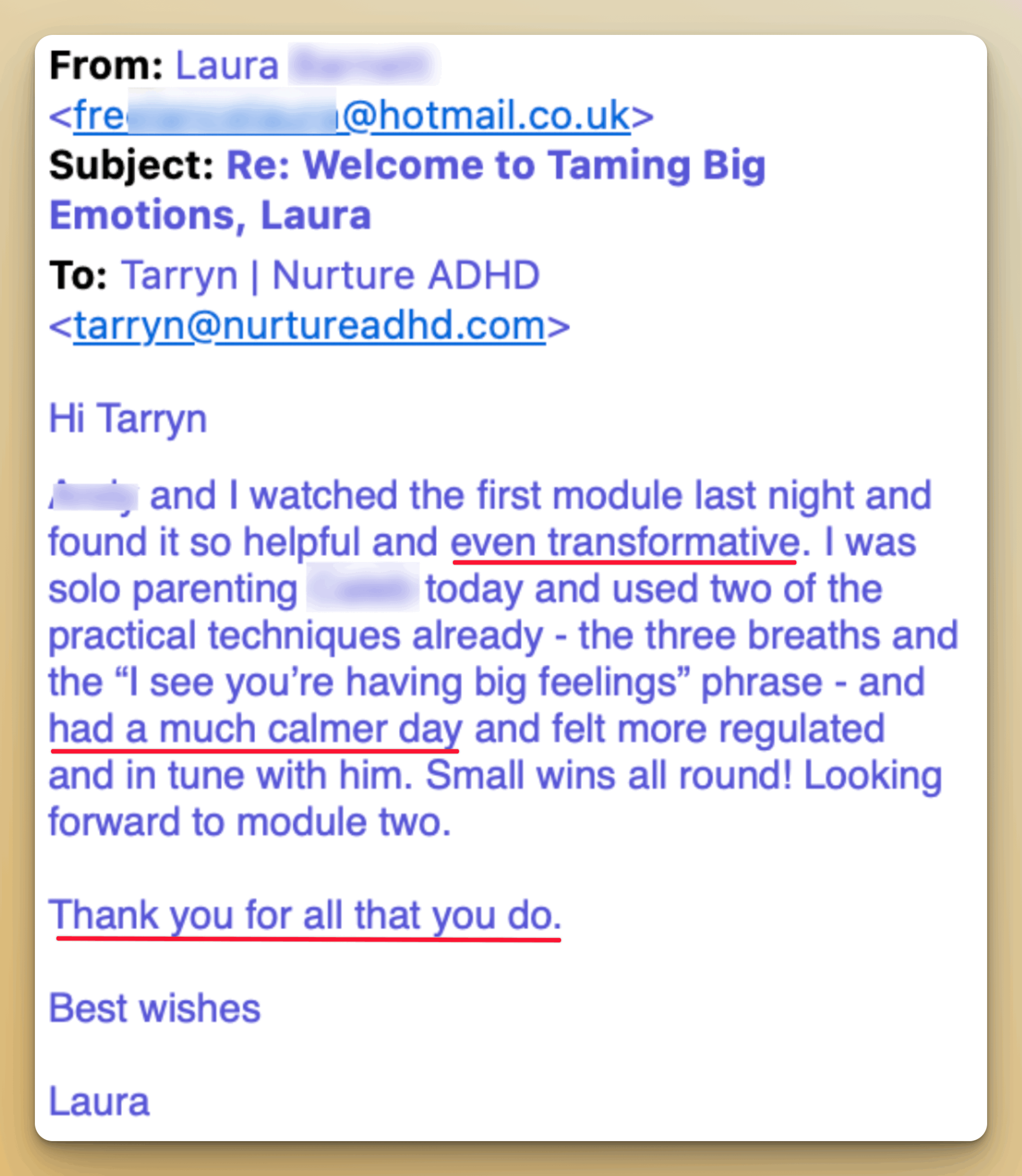 Parent testimonial message