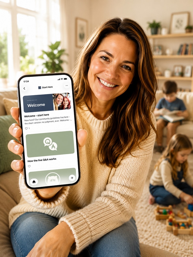 A parent at home with her phone